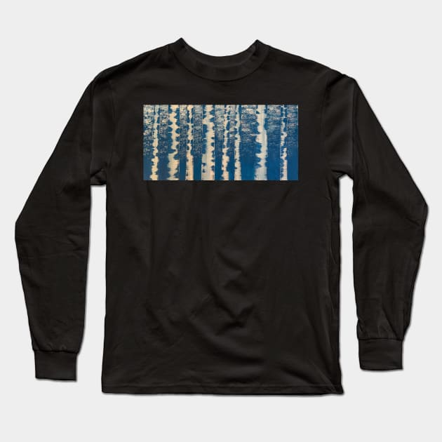 Winter White Birch Trees on Blue Background Long Sleeve T-Shirt by J&S mason